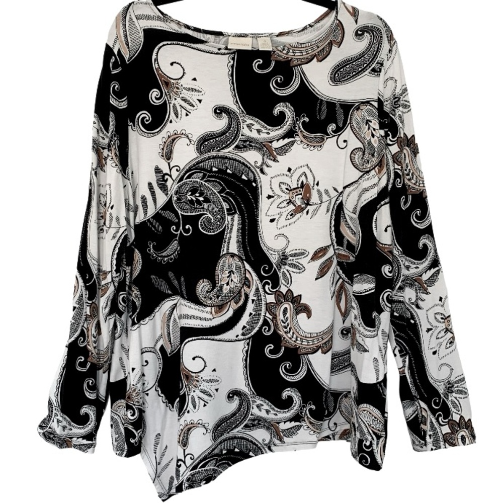 CHICOS Women’s Asymmetrical Top Black/White/Cream Paisley Crew Long Sleeve 3/L